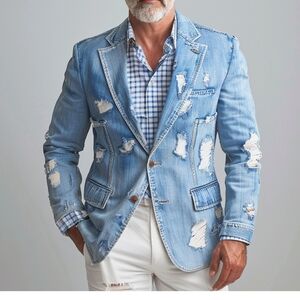 NWT Men's Notched Lapel 2 Button Ripped Denim Blazer Giovanco